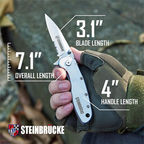 Folding Pocket Knife with Clip - 3.1” Sandvik 14C28N Stainless Steel Blade, Titanium Coated Serrated, SS410 Handle for