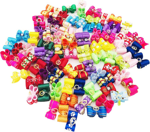 50pcs / 25Pair Small Dog Hair Bows with Rubber Bands and Rhinestones, Random Color Puppy Grooming Accessories