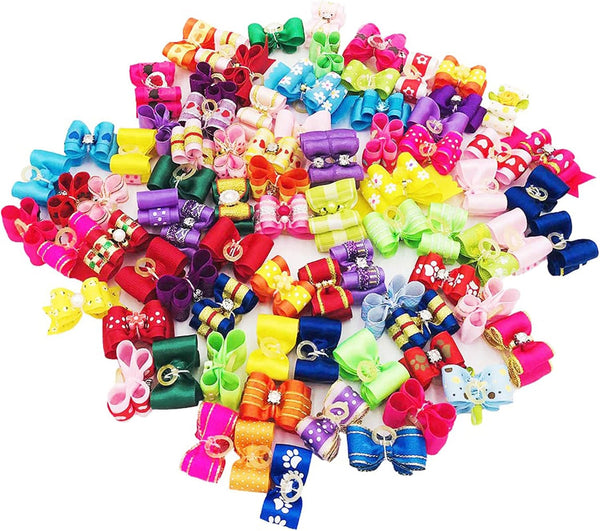 50pcs / 25Pair Small Dog Hair Bows with Rubber Bands and Rhinestones, Random Color Puppy Grooming Accessories