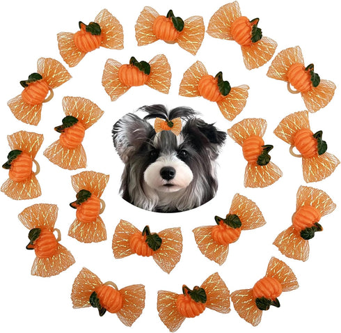 20pcs Shiny Halloween Pumpkin Hair Bows for Pet Dog Cat, Hair Accessories with Rubber Bands for Thanksgiving