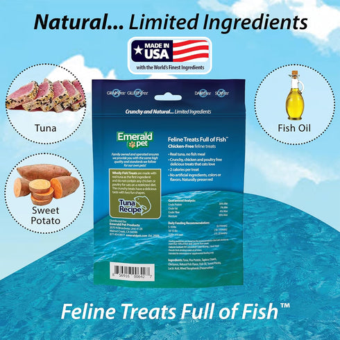 Wholly Fish! Chicken-Free Feline Treats, EMERALD PET Tuna Recipe — Crunchy Tuna Cat Treats with Real Tuna — Grain Free,
