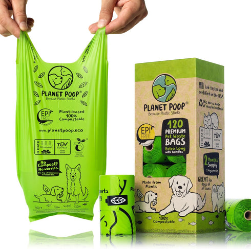 PLANET POOP Home Compostable Dog Poop Bags, 120 Un-Scented Extra-long Pet Waste Bags, Plastic Free, Leakproof