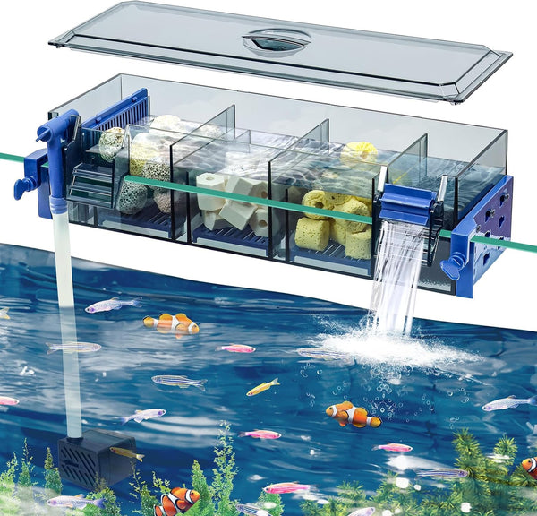 Multi Layer Fish Tank Filter with Waterfall Oxygenation for 20-30 Gallon Tanks, Flexible Mounting, Dust & Splash