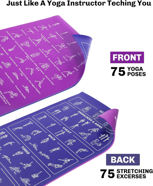 Upgrade Instructional Yoga Mat with 75 Poses Printed, 6mm Travel Mat with Bag, Purple & Blue
