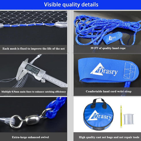 3/8 1/2 4FT/5FT/6FT/7FT Drasry Fishing Cast Net with Aluminum Ring or Mesh for Saltwater Freshwater Bait Shrimp Trap