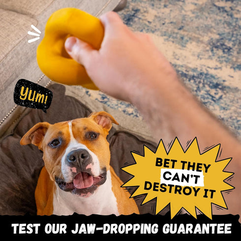 Indestructible Ring Ball for Aggressive Chewers, Non-Toxic Natural Rubber Dog Toys, Butter Scent, Yellow (4.5”)