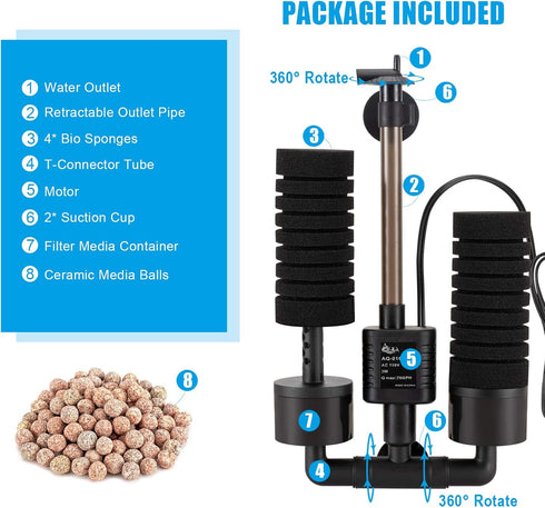 2 1 AQQA Aquarium Sponge Filter, Power Driven Double Biochemical Water Filter, Quiet Submersible Foam Filter with Extra