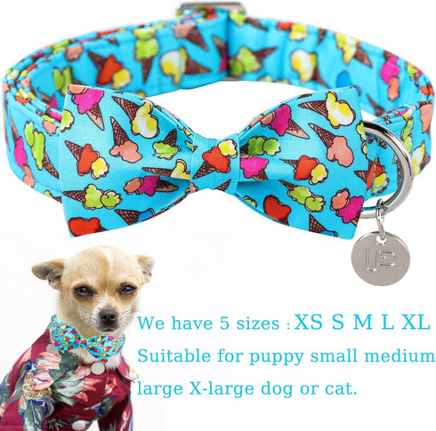 Summer Dog Collar with Bow Tie, Cotton Cute Bowtie Dog Collar, Summer Bowtie Collar for Small Boy Girl Dog, Comfortable Blue Dog Collar with Metal Buckle, S, Neck 10-16in