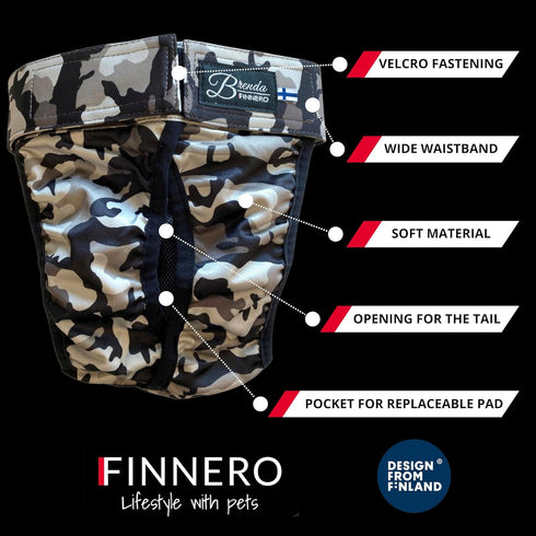 FINNERO Brenda Reusable Dog Diaper, Leak-Proof, Adjustable, Heat & Incontinence Protection, XL Camo