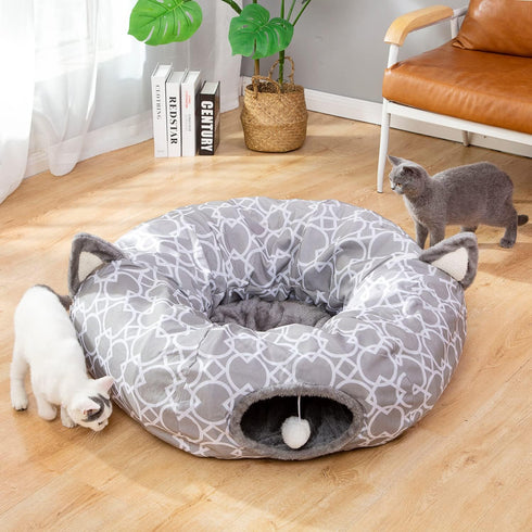 LUCKITTY Geometric Cat Tunnel Bed - Collapsible Oxford Tunnel Tube with Plush Inside for Dogs and Cats