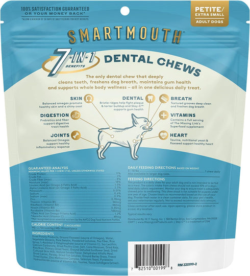 The Missing Link Smartmouth Vet Developed Dental Chew Treats, 28 Ct, 7-in-1 Benefits for Petite/XS Dogs