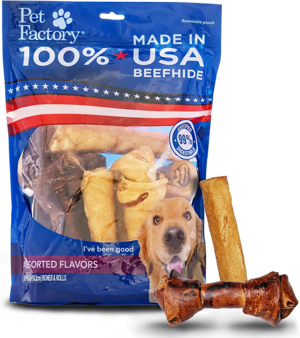 Pet Factory 100% Made in USA Beefhide 6-7" Assorted (Bones & Rolls)