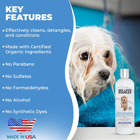 USDA Organic Dog Shampoo, Conditioner & Detangler, Best for Goldendoodles, Poodles, Sensitive Skin, 16OZ Lavender
