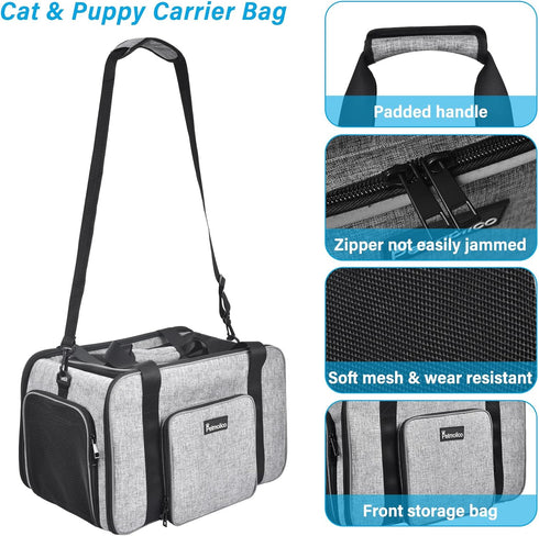 Soft-Sided Cat Carrier for Small Medium Cats and Puppies up to 16 Lbs, Airline Approved, Grey