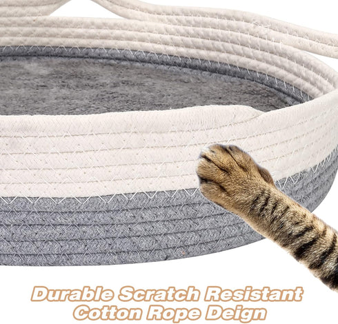 Cotton Rope Woven Cat Bed Basket, Small Dogs Sofa Bed with Double Sided Mat, 14"x14"x4", Washable Round Bed
