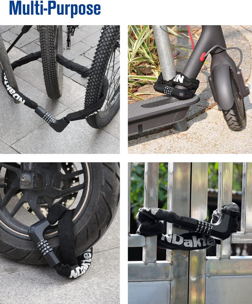NDakter Bike Lock, Chain Lock with 2 Ways to Unlock, 4 Digit Combination Heavy Duty Anti-Theft Bicycle Lock