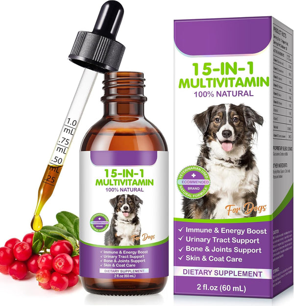 Vceeoy Dog Multivitamin Drops, 15 in 1 Multivitamin Liquid for Dog with Vitamin
