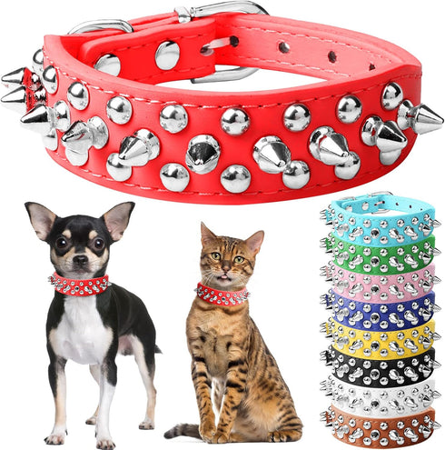 Spiked Soft Leather Dog Collar, Adjustable Anti Bite Studded for Small Medium Large Dogs (Red, L)