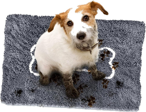 Soggy Doggy Doormat with Bone Design, Microfiber Chenille Indoor Wet Dog Mat for Muddy Paws, Gray/Light Gray