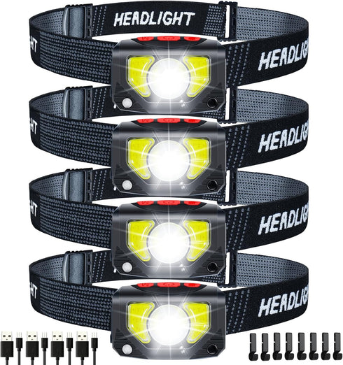 LED Rechargeable Headlamp, 4 Pack Flashlight with Motion Sensor for Outdoor Camping, Biking, Running