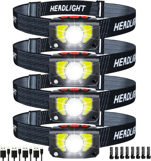 LED Rechargeable Headlamp, 4 Pack Flashlight with Motion Sensor for Outdoor Camping, Biking, Running