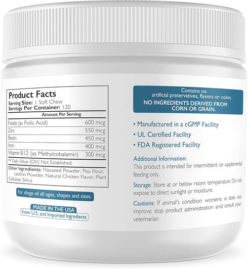 Folate for Dogs - Supports Cardiovascular & Prenatal Health, Folic Acid with Zinc, Biotin, Iron & Vitamin B12, 120 Soft