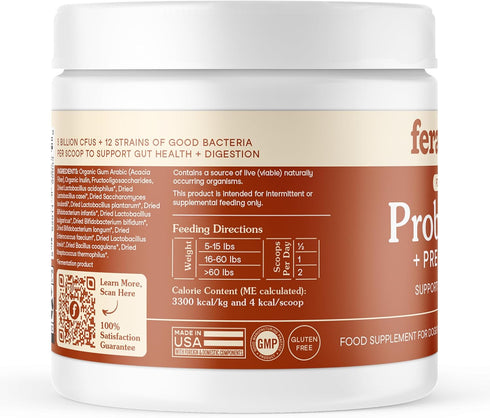 Fera Pets Probiotics for Dogs & Cats, USDA Organic Gut Health Powder Supplement with 12 Strains, 60 Scoops