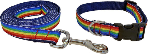 Preston Rainbow Dog Collar and Leash Set, Striped Multi Colored Ribbon on Navy Blue Nylon Webbing (Small)
