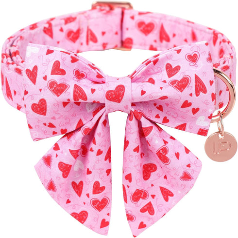 Valentine’s Day Dog Collar with Bow Tie, Pink Heart Bowtie Collar for Puppy Girl Boy Dog or Cat, S