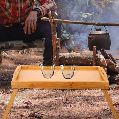 Happyyami Small Folding Table Portable Wood Bed Desk Adjustable Wear-Resistant Camping Side Table for Outdoor Hiking