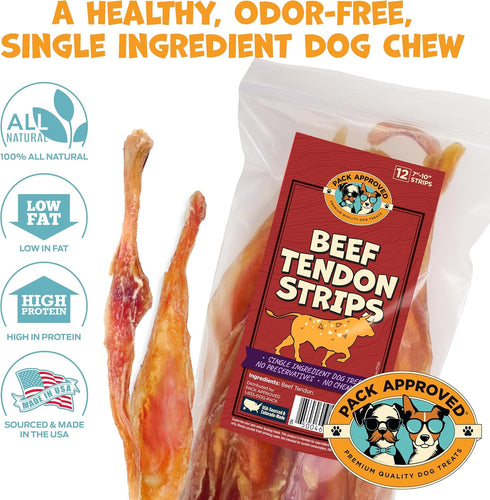 Pack 7-10" (12ct) Approved Beef Tendons for Large Dogs & Medium Breeds - Digestible Chews & Dog Treats for Large Dogs