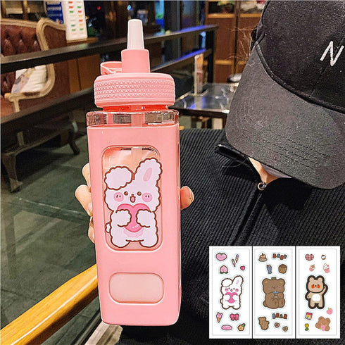 Kawaii Bear Water Bottle With Straw, Portable Square Drinking Bottle for Girl, Cute Juice Tea Water Cups (700ml, Pink)