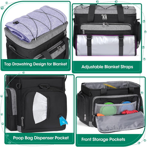 IGOLUMON Large Dog Travel Bag Set, Multi-Pockets Tote Organizer with 2 Food Containers and Bowls
