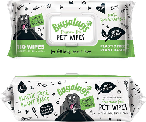 110 Biodegradable Dog Wipes, 100% Plastic Free for Full Body, Eye, Ear, Bum & Paws Grooming, Fragrance Free