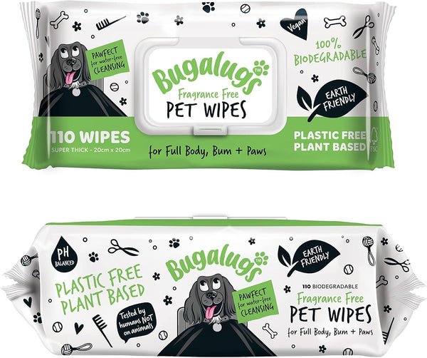 110 Biodegradable Dog Wipes, 100% Plastic Free for Full Body, Eye, Ear, Bum & Paws Grooming, Fragrance Free
