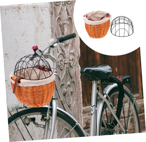 Sturdy Wicker Bike Basket Front Attached Resistant Hand-Woven Rattan Capacity Shopping and Pet Carrier Basket for Dogs