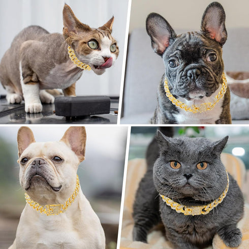 Gold Dog Chain Diamond Collar, Walking Metal Chain with Secure Buckle, Jewelry Accessories for Small Medium Large Dogs