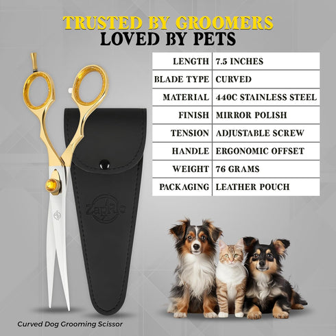 ZAPRIO 7.5 Inch Curved Grooming Scissors for Dogs and Cats Professional Pet Grooming Shears for Face, Paws, Body