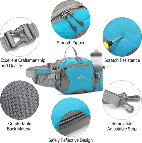 Peicees Large Hiking Fanny Pack Waist Bag for Men Women Water Resistant with Bottle Holder (Bottle Not Included)