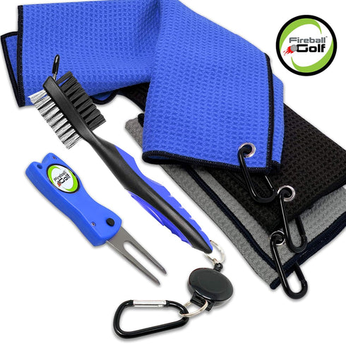 Fireball Golf Towel Gifts Set - 3 Towels, Divot Tool, Ball Marker, Cleaning Brush, Many Colors Available