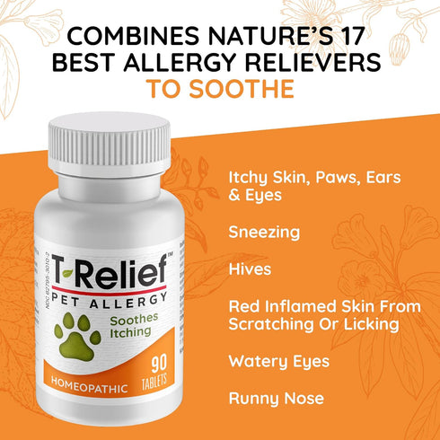 T-Relief Pet Allergy Support for Dogs & Cats, Natural Medicine for Itchy Relief, Healthy Skin & Coat, 90 Tablets