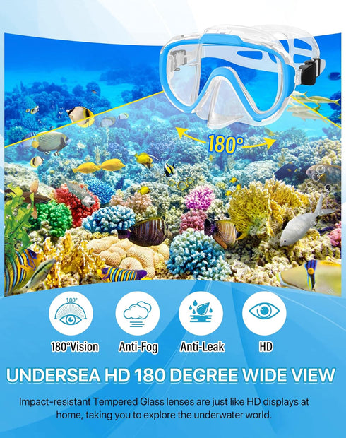 Snorkeling Gear Set for Adults, 4 in 2 with Panoramic Diving Mask, Anti-Fog Snorkel, Fins, and Travel Bag