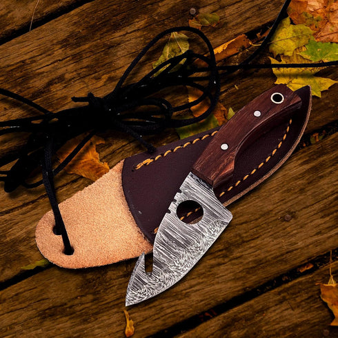 Neck Knife with Sheath, Damascus Hunting Knife, Mini Outdoor Survival Fixed Blade Knife, EDC 5 Inches with Wood Handle