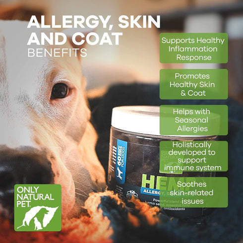 Only Natural Pet Allergy, Skin & Coat Hemp Soft Chews, Omega 3 Supplement for Dogs, Calming Treats for Itchy Skin