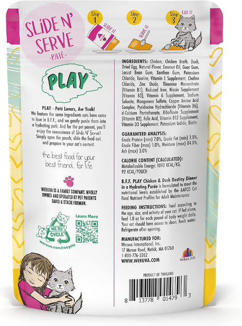B.F.F. PLAY - Best Feline Friend Paté Lovers, Aw Yeah!, Chicken & Duck Destiny, 3oz Pouch (Pack of 12)