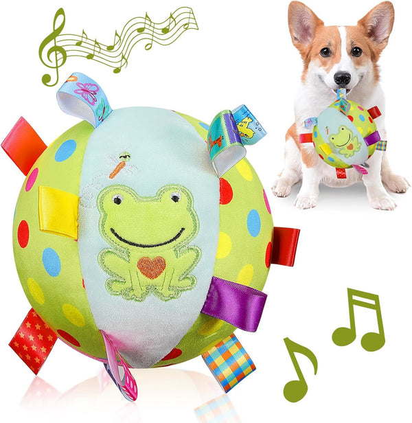 Dog Squeaky Plush Ball Toy with Straps, 6 Inches Soft Stuffed Ball with Cotton Material and Bell for Fetch