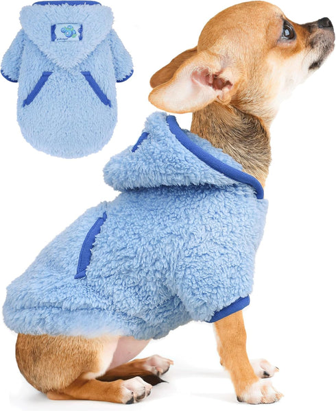 Small Dog Sweater, Fleece Hoodie for Winter, Soft Stretchy Clothes for Chihuahua Teacup Yorkie, Blue M