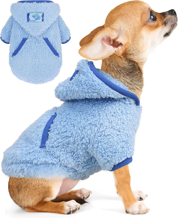 Small Dog Sweater, Fleece Hoodie for Winter, Soft Stretchy Clothes for Chihuahua Teacup Yorkie, Blue M