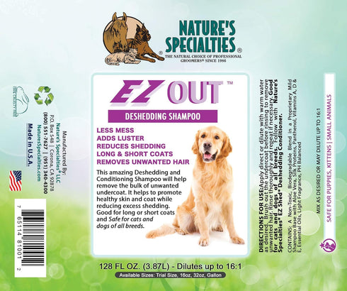 Nature's Specialties EZ Out Deshedding Ultra Concentrated Dog Shampoo, Makes up to 4 Gallons, 32 oz, Made in USA