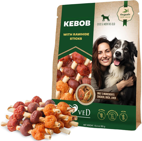 Kabobs Dog Rawhide Treats with Duck & Chicken, Grain Free, Long Lasting Chews for Large & Small Dogs